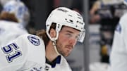 Nov 2, 2025; Salt Lake City, Utah, USA; Tampa Bay Lightning defenseman Charle-Edouard D'Astous (51) warms up before a game against the Utah Mammoth at Delta Center. Mandatory Credit: Rob Gray-Imagn Images