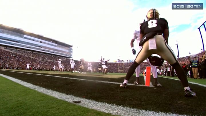 De'Nylon Morrissette couldn't secure the catch inbounds for a Purdue touchdown in the second quarter. De'Nylon Morrissette couldn't secure the catch inbounds for a Purdue touchdown in the second quarter.