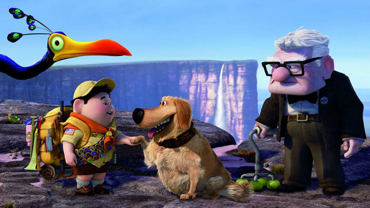 UP - In this “coming of old age” story, a seventysomething hero, alongside his clueless wilderness ranger sidekick, travels the globe, fighting beasts and villains, and eating dinner at 3:30 in the afternoon. (Disney/Pixar) KEVIN, RUSSELL, DUG and CARL 