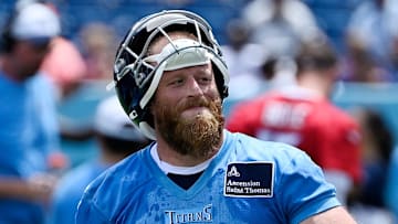 Tennessee Titans place kicker Joey Slye (6) celebrates after kicking a 66-yard field goal during “Back Together Weekend” training camp practice at Nissan Stadium Saturday, July 26, 2025, in Nashville, Tenn.