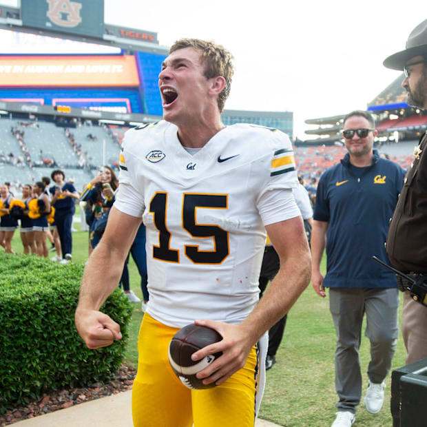 California Golden Bears quarterback Fernando Mendoza (15) celebrates with fans after the game.