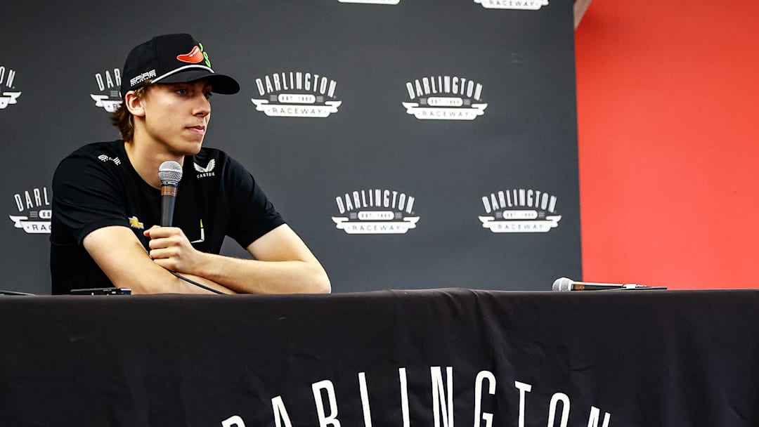 Carson Hocevar answers questions during a media availability at Darlington Raceway on Friday, March 20, 2026.