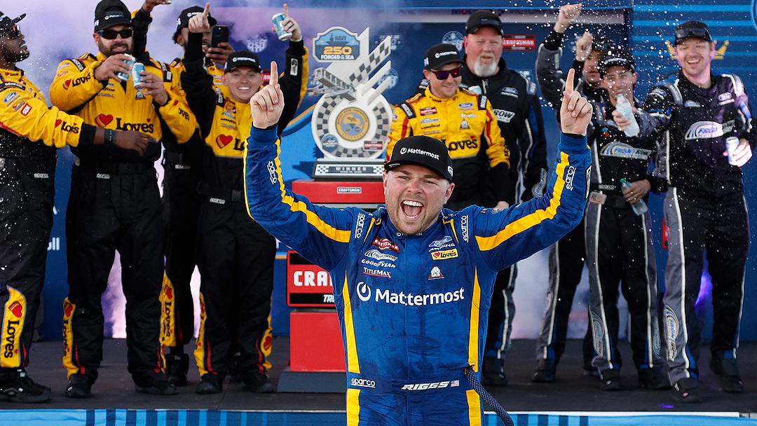 SAN DIEGO, CALIFORNIA - JUNE 19: Layne Riggs, driver of the #34 Mattermost Ford, celebrates in victory lane after winning the NASCAR Craftsman Truck Series Navy 250 at Naval Base Coronado on June 19, 2026 in San Diego, California. SAN DIEGO, CALIFORNIA - JUNE 19: Layne Riggs, driver of the #34 Mattermost Ford, celebrates in victory lane after winning the NASCAR Craftsman Truck Series Navy 250 at Naval Base Coronado on June 19, 2026 in San Diego, California.