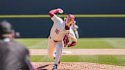 Aiden Jimenez throws a pitch against Portland. The Razorbacks won the game 5-3 and swept the series