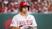 Catcher Ryder Helfrick at the plate against the Tennessee Volunteers. The Razorbacks won 8-6. 