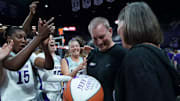 Kansas State women's basketball coach Jeff Mittie receives a commemorative game ball for his career win number 600 on Monday, Nov. 7, 2022 after Kansas State defeated Central Arkansas 83-43 in Manhattan, Kan. at Bramlage Coliseum. Mandatory Credit: K-State Athletics