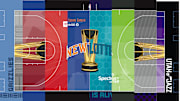 A collage of eight different home courts for the NBA Cup.