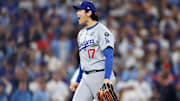 Ohtani reacts after striking out Andrés Giménez in the second inning of Game 7.