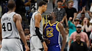 Wembanyama scored 26 points and grabbed 12 rebounds in the Spurs’ 109–108 loss to Golden State on Friday night.