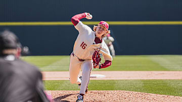 Aiden Jimenez throws a pitch against Portland. The Razorbacks won the game 5-3 and swept the series