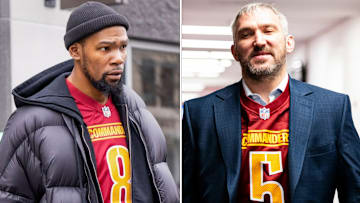 Kevin Durant and Alex Ovechkin wearing Washington Commanders jerseys