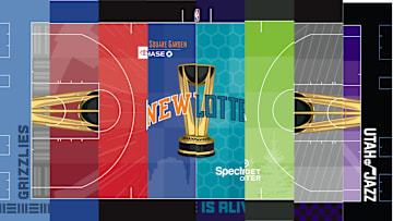 A collage of eight different home courts for the NBA Cup.
