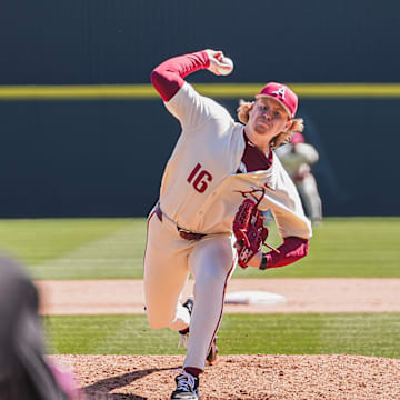Aiden Jimenez throws a pitch against Portland. The Razorbacks won the game 5-3 and swept the series
