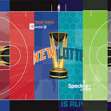 A collage of eight different home courts for the NBA Cup.
