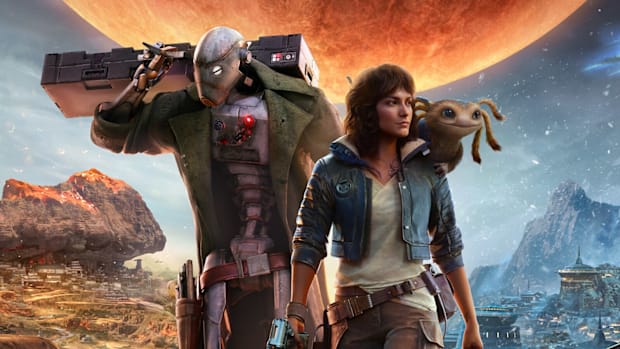 Two characters walking on a different planet in Star Wars Outlaws.