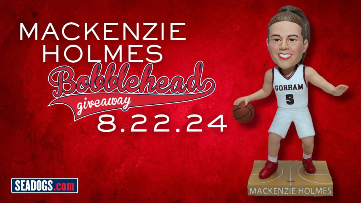 A promotional graphic for the Portland Sea Dogs bobblehead giveaway that featured Maine native and Indiana women's basketball legend Mackenzie Holmes on Thursday.