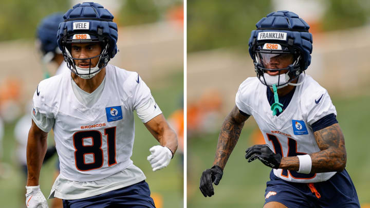 Denver Broncos rookie wide receivers Devaughn Vele (81) and Troy Franklin (16) at training camp.