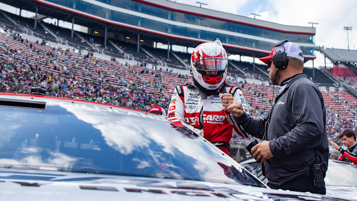 Todd Gilliland fist bumps his crew chief Ryan Bergenty at Bristol Motor Speedway during the 2024 Food City 500 race weekend.