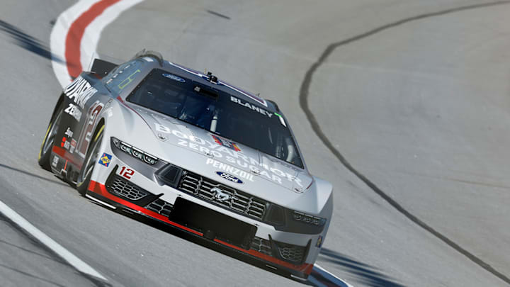 Ryan Blaney turns a lap around Atlanta Motor Speedway during NASCAR Cup Series qualifying for the Ambetter Health 400. Ryan Blaney turns a lap around Atlanta Motor Speedway during NASCAR Cup Series qualifying for the Ambetter Health 400.