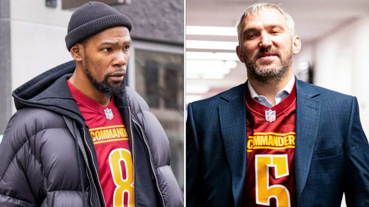 Kevin Durant and Alex Ovechkin wearing Washington Commanders jerseys Kevin Durant and Alex Ovechkin wearing Washington Commanders jerseys