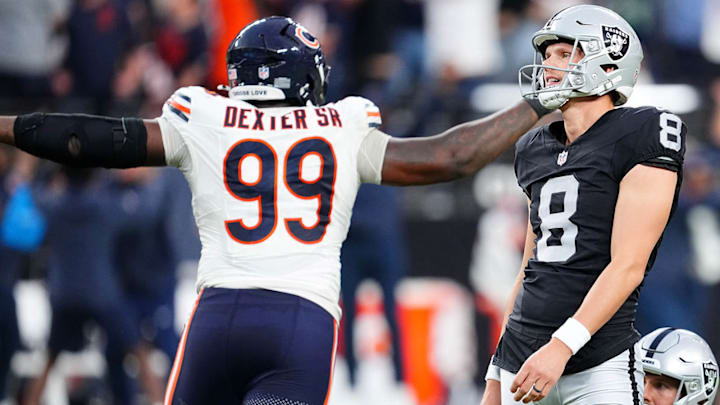 Daniel Carlson reacts after missing a field-goal attempt in the final minute of the Raiders' loss. Daniel Carlson reacts after missing a field-goal attempt in the final minute of the Raiders' loss.