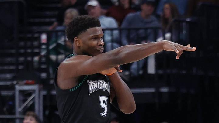 Nov 10, 2025; Salt Lake City, Utah, USA; Minnesota Timberwolves guard Anthony Edwards (5) reacts to a three-point shot against the Utah Jazz during the second half at Delta Center. Mandatory Credit: Rob Gray-Imagn Images