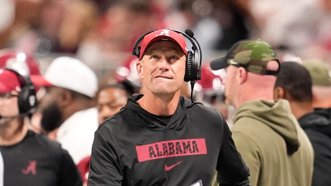 Dec 6, 2025; Atlanta, GA, USA; Alabama Crimson Tide head coach Kalen Deboer looks on during the second quarter against the Georgia Bulldogs during the 2025 SEC Championship game at Mercedes-Benz Stadium. 