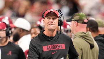 Dec 6, 2025; Atlanta, GA, USA; Alabama Crimson Tide head coach Kalen Deboer looks on during the second quarter against the Georgia Bulldogs during the 2025 SEC Championship game at Mercedes-Benz Stadium. 