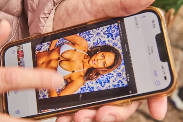 Christen Goff modeling in a white string bikini featured on an iPhone.