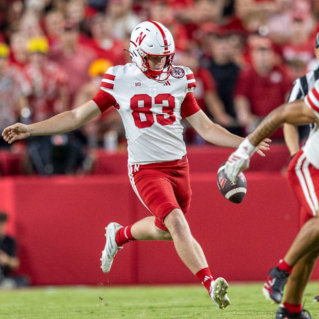 Nebraska's Archie Wilson prepares to punt the ball 41 yards during the third quarter against Cincinnati on Aug. 28, 2025