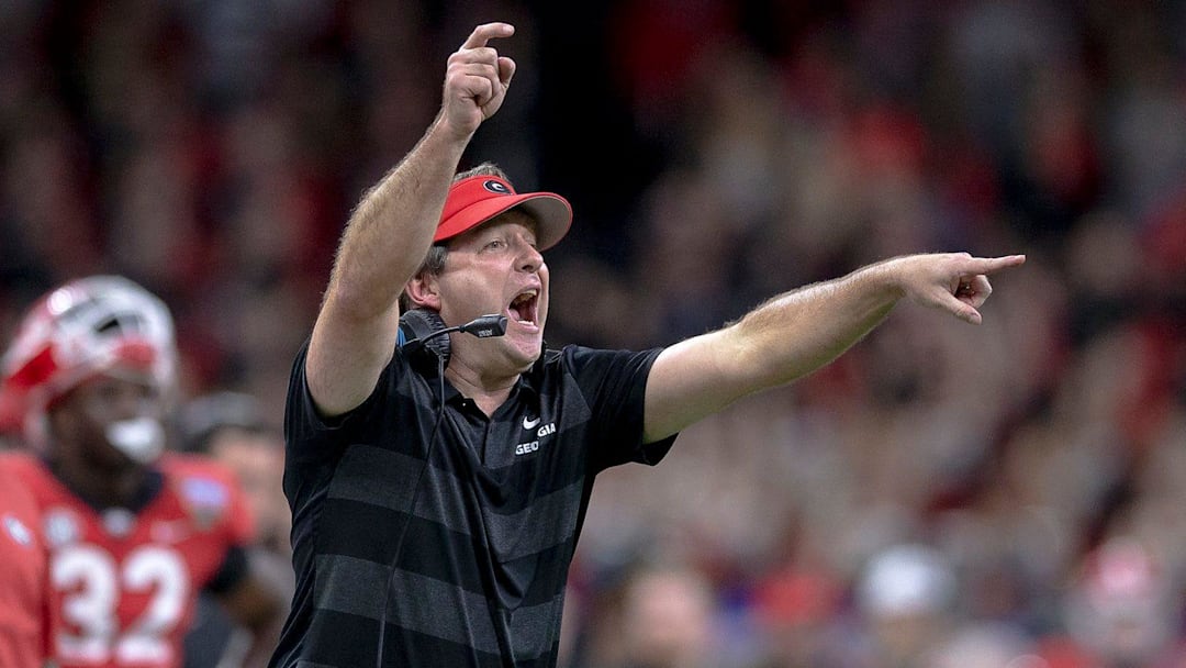 Georgia head coach Kirby Smart shouts to his players during the Sugar Bowl against Texas on Jan. 1, 2019 in New Orleans, Louisiana.