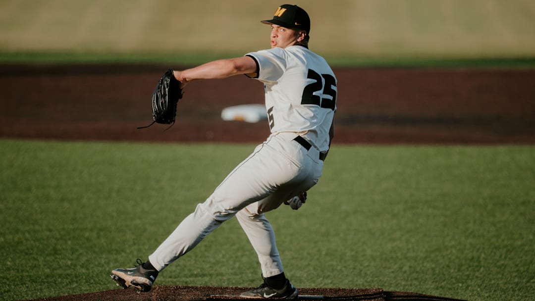 Reliever Brock Lucas throws from the mound against Mississippi State on May 16, 2025.