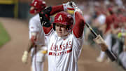 Arkansas Razorbacks outfielder Charles Davalan in the on-deck circle against the Texas A&M Aggies at Baum-Walker Stadium in Fayetteville, Ark.