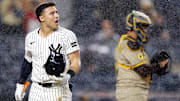Anthony Volpe reacts after striking out swinging during the ninth inning against the Padres at Yankee Stadium on May 5.