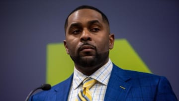 Sherrone Moore, Michigan s new head coach, speaks in front of family, media and University of Michigan faculty members during a press conference inside the Junge Family Champions Center in Ann Arbor on Saturday, Jan. 27, 2024.