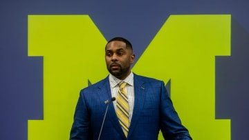Sherrone Moore, Michigan        s new head coach, speaks in front of family, media and University of Michigan faculty members during a press conference inside the Junge Family Champions Center in Ann Arbor on Saturday, Jan. 27, 2024.