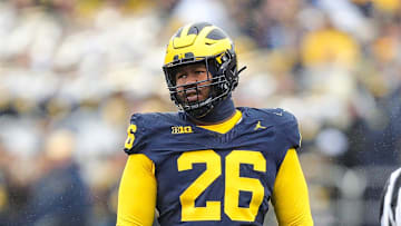 Michigan defensive lineman Rayshaun Benny gets in position before a play against Indiana during the second half of U-M's 52-7 win over Indiana on Saturday, Oct. 14, 2023, in Ann Arbor.