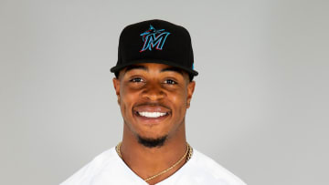 Mar 1, 2021; Jupiter, FL, USA; Miami Marlins Monte Harrison #3 poses during media day at Roger Dean Chevrolet Stadium. Mandatory Credit: MLB photos via USA TODAY Sports