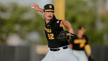 Reliever Kaden Jacobi tosses from the mound against the Mississippi State Bulldogs on May 15, 2025. 