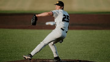 Reliever Brock Lucas throws from the mound against Mississippi State on May 16, 2025.