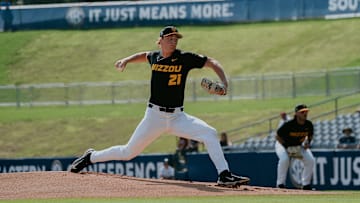 Missouri starter Sam Horn throws from the mound in the SEC Tournament on May 20, 2025. 