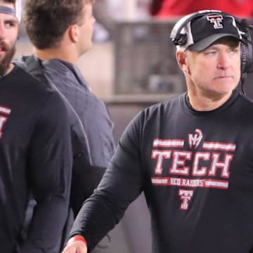Texas Tech football coach Joey McGuire looks on against Colorado in a Big 12 game Saturday, Nov. 9, 2024, at Jones AT&T Stadium.