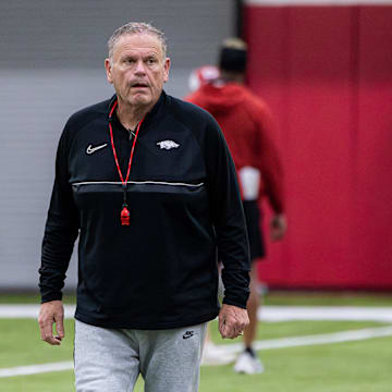 Arkansas Razorbacks coach Sam Pittman at spring practice in the indoor football facility in Fayetteville, Ark.