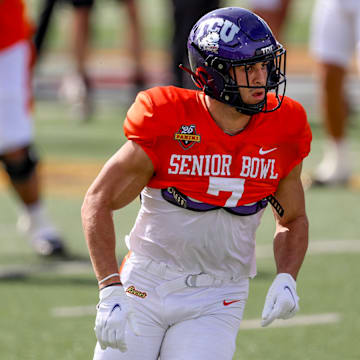 Jack Bech of TCU takes part in a drill during Senior Bowl practice at Hancock Whitney Stadium on Jan. 29.