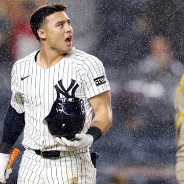 Anthony Volpe reacts after striking out swinging during the ninth inning against the Padres at Yankee Stadium on May 5.