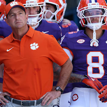 Dabo Swinney waits to lead the Tigers on the field prior to a game against Georgia Tech at Bobby Dodd Stadium.