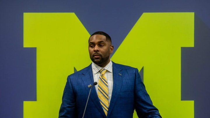 Sherrone Moore, Michigan's new head coach, speaks in front of family, media and University of Michigan faculty members during a press conference inside the Junge Family Champions Center in Ann Arbor on Saturday, Jan. 27, 2024.