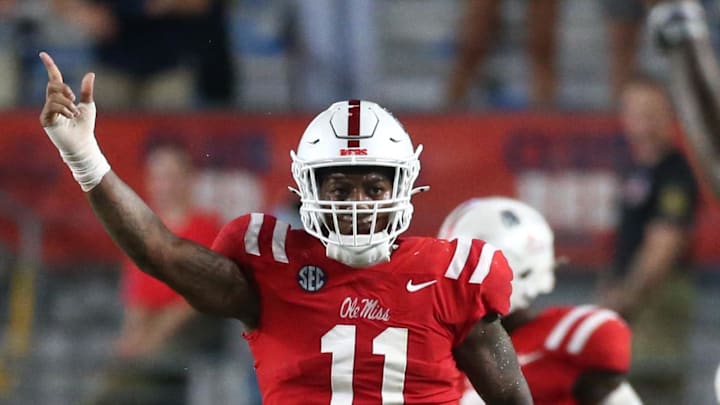 Sep 21, 2024; Oxford, Mississippi, USA; Mississippi Rebels linebacker Chris Paul Jr. (11) reacts after a defensive stop during the first half against the Georgia Southern Eagles at Vaught-Hemingway Stadium. Mandatory Credit: Petre Thomas-Imagn Images
