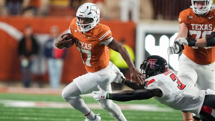 Texas Longhorns running back Savion Red (17) carries the ball during the game against Texas Tech at Darrell K Royal Texas Memorial Stadium on Friday, Nov. 24, 2023.