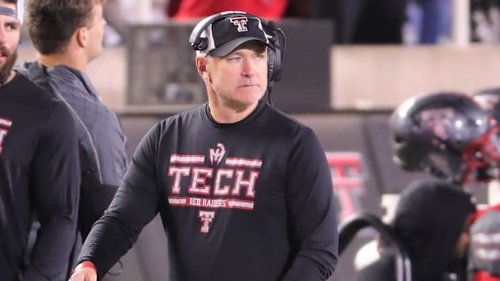 Texas Tech football coach Joey McGuire looks on against Colorado in a Big 12 game Saturday, Nov. 9, 2024, at Jones AT&T Stadium.